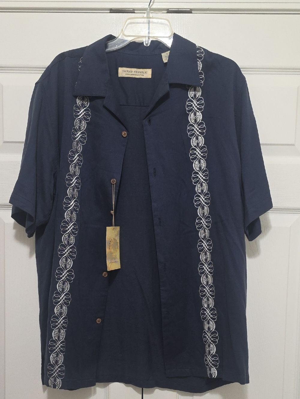 Island Republic Navy Short-Sleeve Button-Down Shirt with White Embroidery
